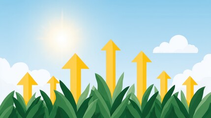 A modern farmland landscape with several glowing upward arrows, representing growth and higher agricultural productivity. Rising agricultural value and output.