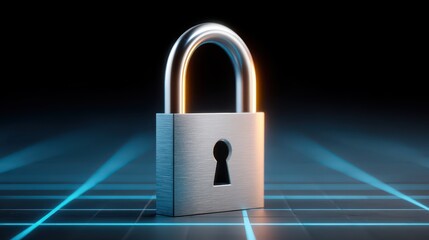 A cyber lock icon floating above a network of neon grid lines, representing strong cybersecurity and digital protection.