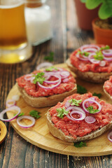 Traditional German sandwiches with minced meat Mettbroetchen	