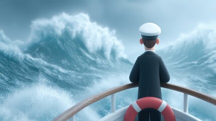 A cartoon leader standing confidently at the front of a ship battling strong ocean waves, symbolizing brave leadership. Overcoming obstacles in business.