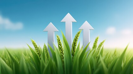 A modern farmland landscape with several glowing upward arrows, representing growth and higher agricultural productivity. Rising agricultural value and output.