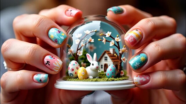 Woman’s hands with pastel spring-themed nail art holding a miniature Easter snow globe with bunny, eggs, flowers, and a little house inside.