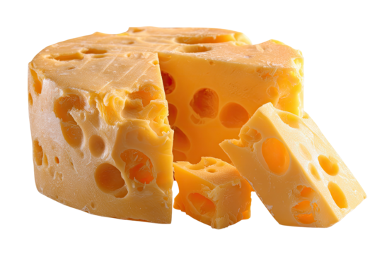Wheel of yellow dairy product, slice removed, with multiple holes, against black backdrop