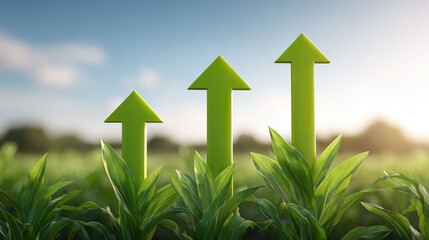 A modern farmland landscape with several glowing upward arrows, representing growth and higher agricultural productivity. Rising agricultural value and output.