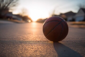 A close-up of a basketball resting on a concrete surface during sunset. The warm light casts long shadows, creating a serene atmosphere.