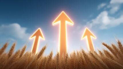 A modern farmland landscape with several glowing upward arrows, representing growth and higher agricultural productivity. Rising agricultural value and output.