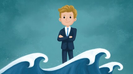 A cartoon leader standing confidently at the front of a ship battling strong ocean waves, symbolizing brave leadership. Overcoming obstacles in business.