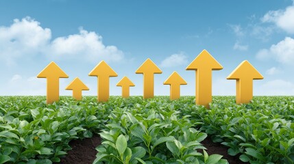 A modern farmland landscape with several glowing upward arrows, representing growth and higher agricultural productivity. Rising agricultural value and output.