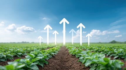A modern farmland landscape with several glowing upward arrows, representing growth and higher agricultural productivity. Rising agricultural value and output.