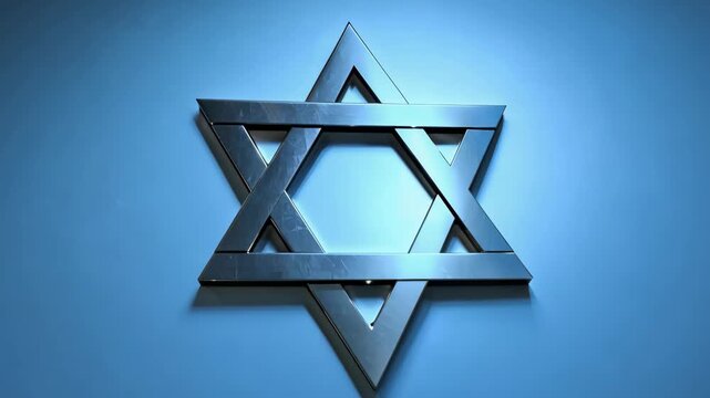 3D metallic blue Star of David on a blue background. 4k Video footage