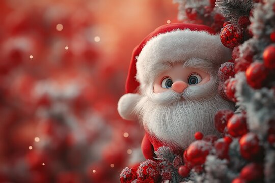 A cute cartoon Santa Claus peeking out from behind red berries with soft fur texture and big eyes in red and white color scheme.