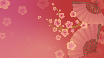 Chinese Folding Fan and Plum Blossom Banner. Lunar New Year Background. Chinoiserie Oriental Wallpaper.