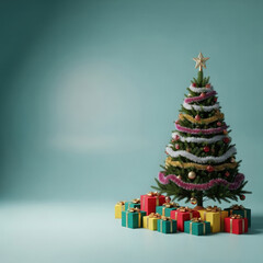 Festively decorated christmas tree surrounded by colorful gift boxes on a soft blue background