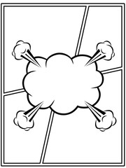 black and white comic book page panel layout with a smoke or cloud effect burst in the center. Perfect for adding an urgent, action-packed feel to designs and web content