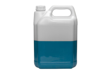Plastic jerrycan with blue liquid isolated on white background