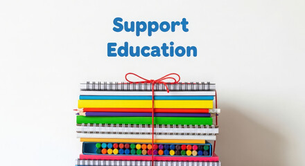 Stack of colorful books tied with a red ribbon with support education text
