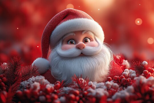 A cute Santa Claus with a red background in a cartoon style surrounded by berries and pine trees with big eyes and happy smile.