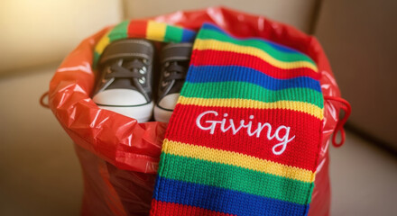 Child s shoes and colorful striped scarf with the word giving inside a red donation bag