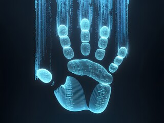 Futuristic neon blue handprint with digital data streams