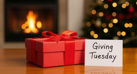 Red gift box with giving tuesday note in front of a cozy fireplace and christmas tree