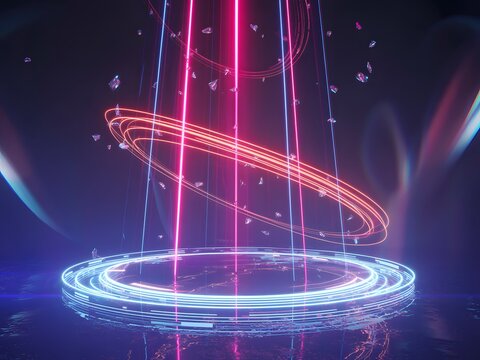 Futuristic neon portal with swirling lights and particles - Powered by Adobe
