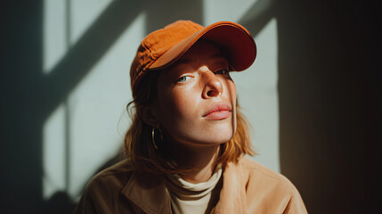 Portrait of a thoughtful woman in sunlight, wearing an orange cap, with soft shadows and serene expression.