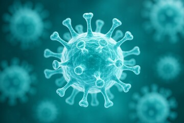 Microscopic view of a virus particle with spike proteins on a teal gradient background, illustrating infection and disease transmission concept. Ai generative