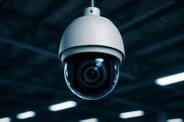 Close-up of dome security surveillance camera with black lens in indoor setting under artificial lighting highlighting safety monitoring concept. Ai generative
