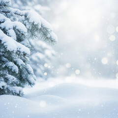 Soft snow falling on evergreen trees in a winter forest landscape