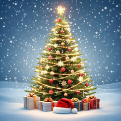 Festive decorated christmas tree with presents and santa hat under falling snow
