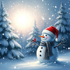 Charming snowman wearing a santa hat and scarf in a snowy forest