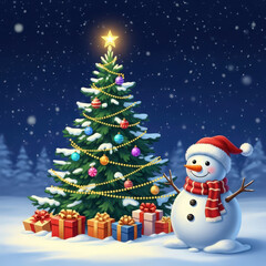 Festive christmas tree with snowman and gifts in snowy winter night