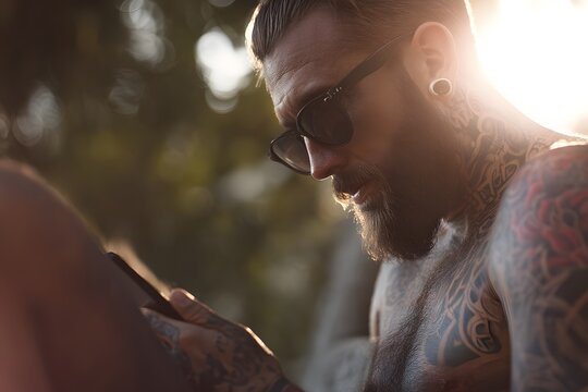 Tattooed man with sunglasses using a mobile phone in a natural outdoor setting