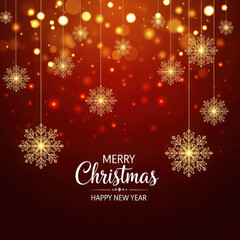 Elegant golden snowflakes and bokeh lights for merry christmas and happy new year celebration