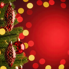 Close up of festive red and gold christmas tree ornaments with bokeh lights background