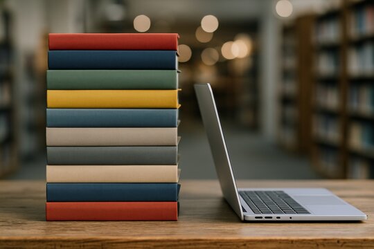 Stack of colorful hardcover books beside an open laptop on wooden desk in library with blurred shelves in background, symbolizing digital vs traditional learning. Ai generative - Powered by Adobe