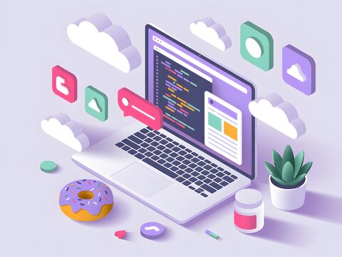 Isometric illustration of a laptop with coding and app icons
