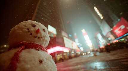 A cheerful snowman stands amid illuminated city lights, setting a festive scene during nighttime snowfall in a bustling urban area.
