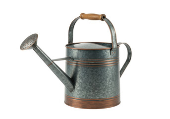 Isolated galvanized watering can with copper trim and wooden handle for the garden or home