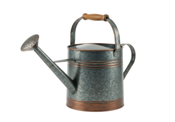 Isolated galvanized watering can with copper trim and wooden handle for the garden or home