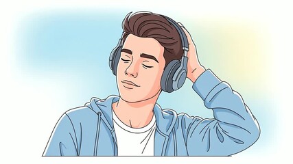 Young Man Relaxing and Listening to Music with Headphones.