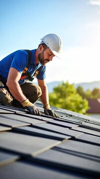 Roofer kneeling, installing dark asphalt roof shingles wearing safety harness and hard hat with blue sky background