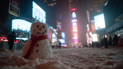 A cheerful snowman stands amid snowy urban streets, brightly lit by colorful signs and bustling with holiday crowds.