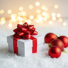 Festive white gift box with red ribbon and ornaments on snow with bokeh lights