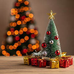 Festive miniature christmas tree with presents and blurred bokeh lights background