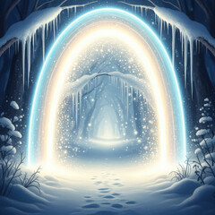 Magical glowing portal entrance to an icy cave with icicles and snow