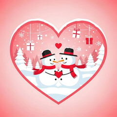 Cute snowman couple in heart shape with winter scene and gifts