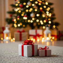 Christmas presents wrapped with red ribbon in front of a glowing decorated tree