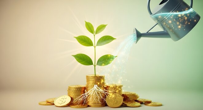 Watering can pouring energy-infused water onto a plant growing on stacks of gold coins. Financial growth, investment, and wealth creation. Green seedling thriving on money under bright light.