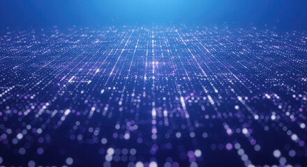Abstract digital network grid with glowing blue lights and lines receding into the distance